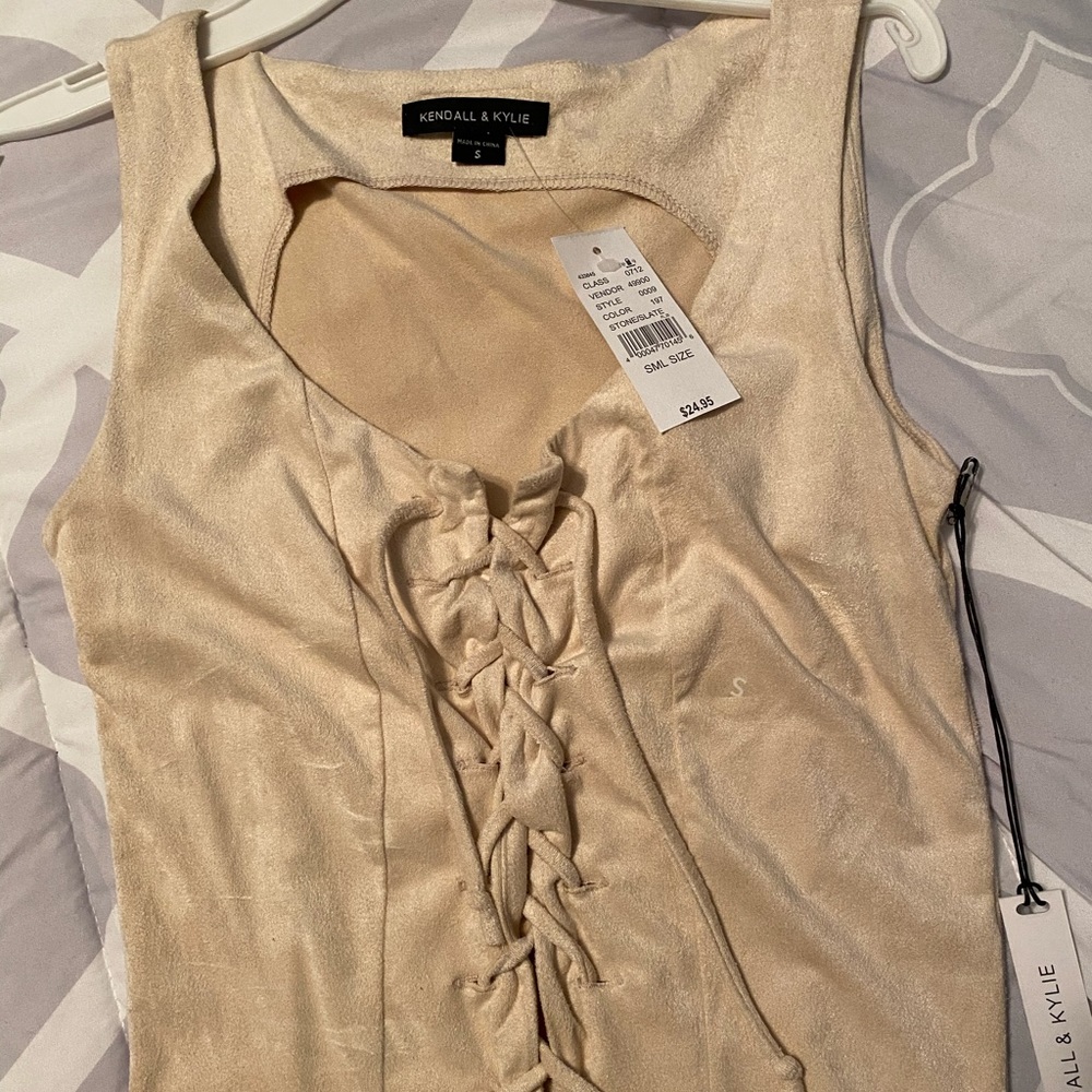 Lace-up front cream suede crop tank top